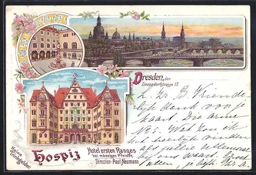 Lithographie Dresden, Hospiz, Hotel ersten Ranges, Zinzendorferstrasse 17