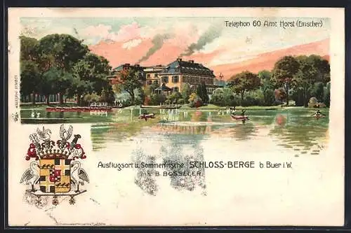 Lithographie Buer i. W., Gasthof Schloss-Berge, Inh. B. Bosseler, Wappen