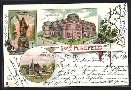 Lithographie Krefeld, Kurhaus im Stadtgarten, Kgl. Webschule und Kriegerdenkmal