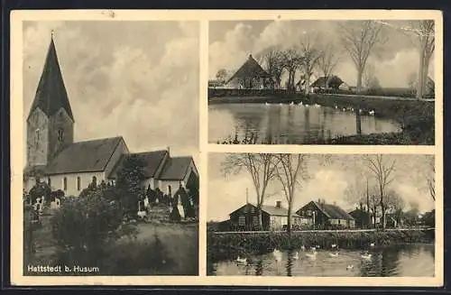 AK Hattstedt b. Husum, Kirche mit Friedhof, Uferpartien