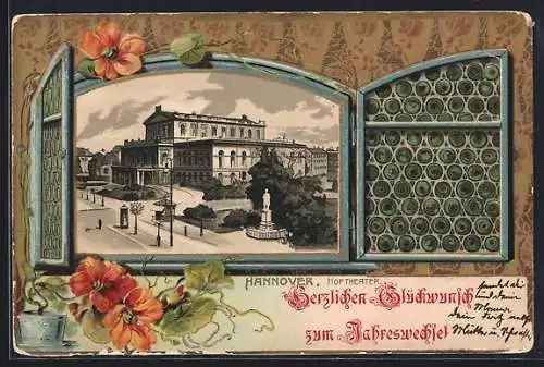 Passepartout-Lithographie Hannover, Partie am Hoftheater, Fenster-Passepartout mit Blumen