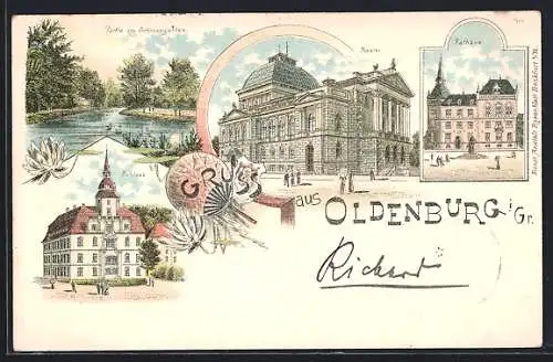 Lithographie Oldenburg i. Gr., Theater, Rathaus, Partie am Schlossgarten