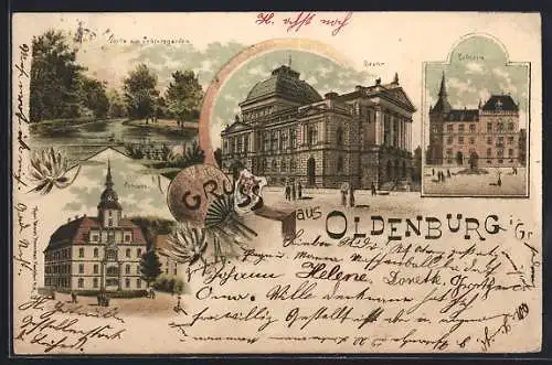 Lithographie Oldenburg i. Gr., Theater, Schloss, Rathaus und Partie im Schlossgarten