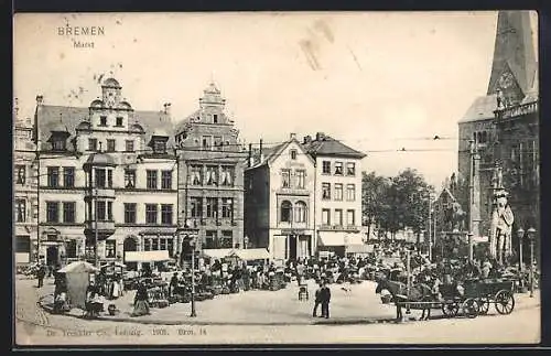 AK Bremen, Markt mit Geschäften und Denkmal