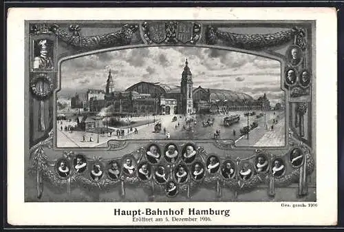 AK Hamburg-St.Georg, Haupt-Bahnhof mit Strassenbahn im Rahmen, Porträts