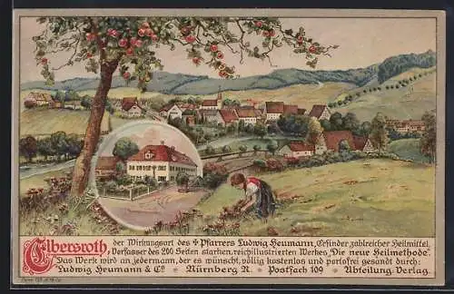 Künstler-AK Elbersroth, Mädchen pflückt Blumen auf der Wiese unter einem Apfelbaum, Panorama, Ortspartie