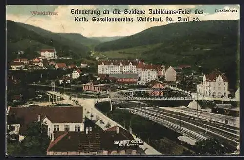 AK Waldshut, Goldene Jubiläums-Feier des Katholischen Gesellenvereins 1909, Teilansicht mit Bahnhof-Hotel