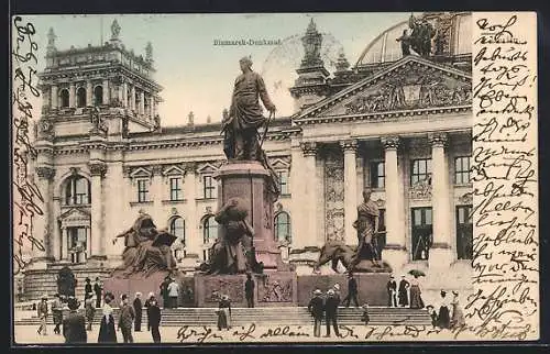 AK Berlin, Bismarck-Denkmal mit Passanten am Reichstag