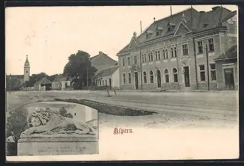 AK Aspern, Löwendenkmal, Strassenpartie