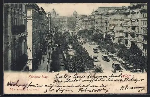 AK Wien, Kärthner-Ring mit Strassenbahnen und Passanten