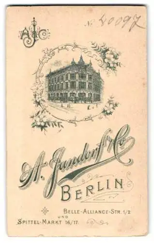 Fotografie A. Jahndorf, & Co., Berlin, Belle-Alliance-Str. 1 /2, Blick auf das Atelier nebst Monogramm des Fotografen