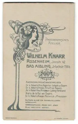 Fotografie Wilhelm Knarr, Rosenheim, Innstr. 42, Damenkopf im Jugendstil mit floraler Verzierung