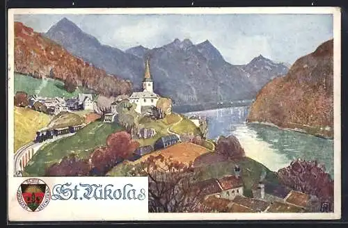 Künstler-AK Deutscher Schulverein Nr. 285: St. Nikola an der Donau, Uferpartie mit Kirche und Eisenbahn