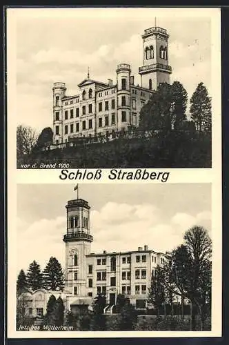 AK Strassberg / Augsburg, Schloss Strassberg vor dem Brand 1930, Jetziges Mütterheim