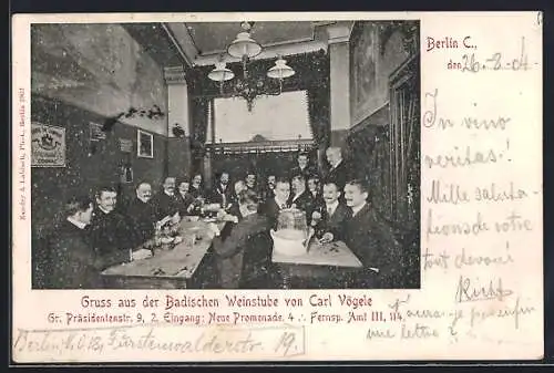 AK Berlin, Gasthaus Badische Weinstube C. Vögele, Grosse Präsidentenstr. 9, Innenansicht mit Gästen