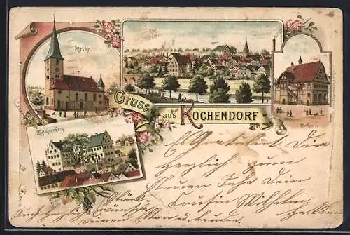 Lithographie Kochendorf / Württ., Rathaus, Zwingenberg, Kirche