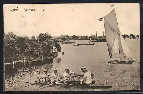 AK Treptow, Panorama mit Ruderboot