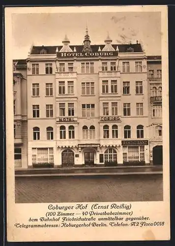 AK Berlin, Hotel Coburger Hof v. Ernst Reissig am Bahnhof Friedrichstrasse