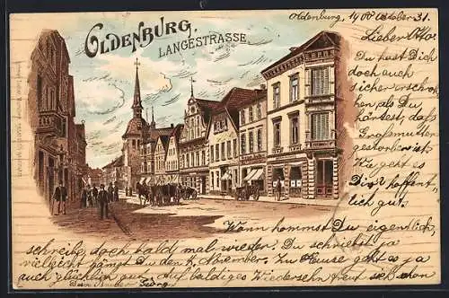 Lithographie Oldenburg / O., Partie in der Langestrasse