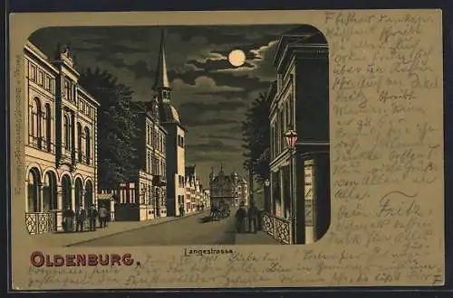 Mondschein-Lithographie Oldenburg / O., Passanten in der Langestrasse