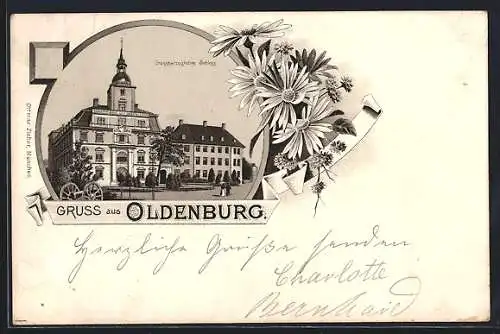 Lithographie Oldenburg / O., Grossherzogl. Schloss im Blumen-Passepartout