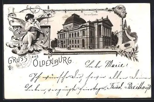 Vorläufer-Lithographie Oldenburg / O., 1895, Das neue Theater, Passepartout mit musizierendem Engel