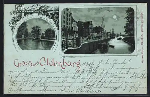 Mondschein-Lithographie Oldenburg / O., Schlossgarten und der Stau