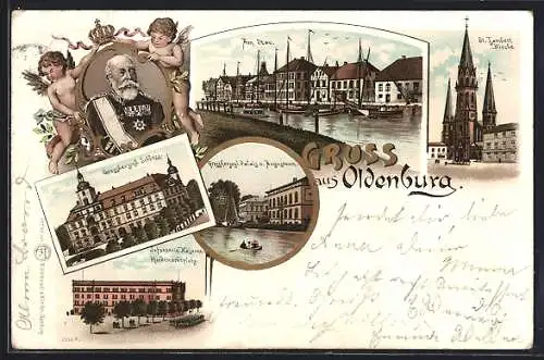 Lithographie Oldenburg / O., Porträt Grossherzog August II. von Oldenburg, Infanteriekaserne, Schloss, Am Stau, Engel