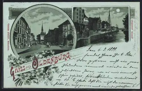 Mondschein-Lithographie Oldenburg / O., Die lange Strasse und der Stau