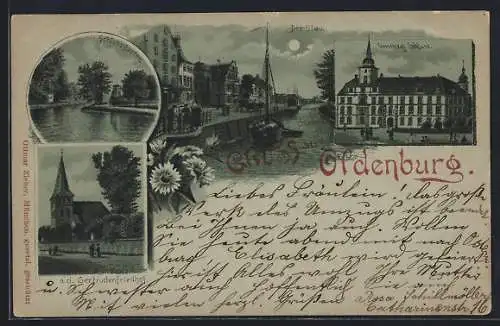 Mondschein-Lithographie Oldenburg / O., Der Stau, Schlossgarten und Grossherzogl. Schloss, Gertrudenfriedhof