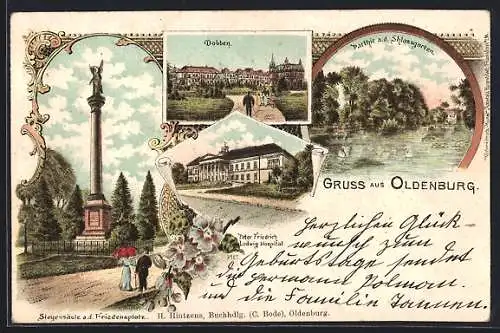 Lithographie Oldenburg / O., Peter Friedrich Ludwig-Hospital, Siegessäule auf dem Friedensplatz, Dobben