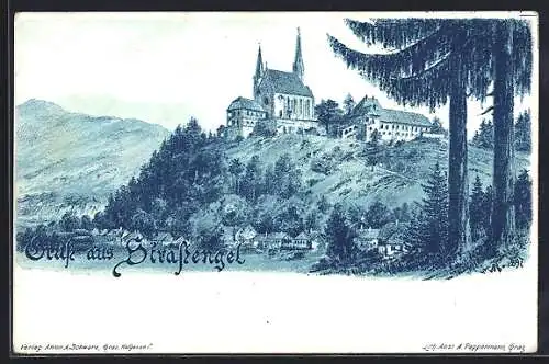 Lithographie Strassengel, Teilansicht mit Kirche