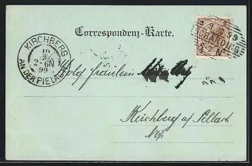 Mondschein-AK Schärding, Totalansicht mit Kirche