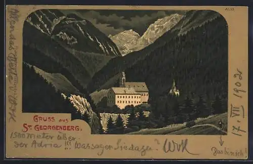 Lithographie Stans /Tirol, Stift St. Georgenberg