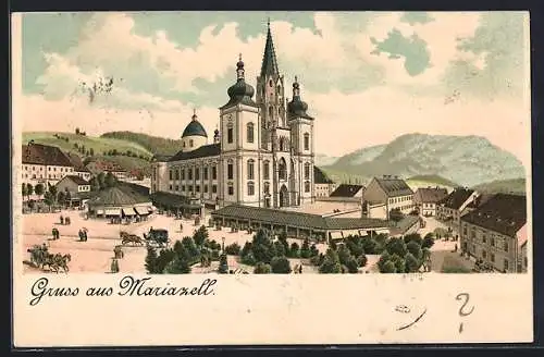 Lithographie Mariazell, Ortsansicht mit Wallfahrtskirche