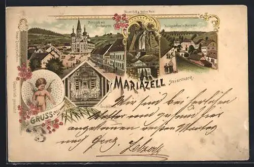 Lithographie Mariazell, Gnadenkirche, Heiligenbrunn, Gnadenaltar und Wasserfall z. todten Weib