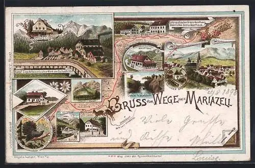 Lithographie Mariazell, Gasthaus z. Touristen Walstern, Gasthaus Sattelhof, Depandenz