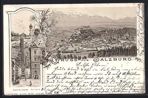 Lithographie Salzburg, Ortsansicht und Elektischer Aufzug