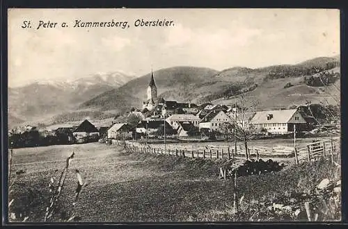 AK St. Peter a. Kammersberg, Blick auf die Kirche mit den Bergen