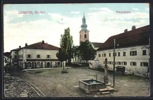 AK Lembach, Hauptplatz mit Brunnen & Kirche