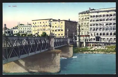 AK Ischl, Brücke über den Fluss, mehrstöckige Gebäude