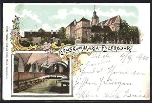 Lithographie Maria-Enzersdorf, Kirche, Aussen- und Innenansicht