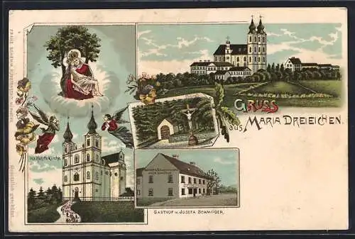 Lithographie Maria Dreieichen, Die Wallfahrtskirche, Gasthof v. Josefa Schmöger, Bründl, Ortsansicht