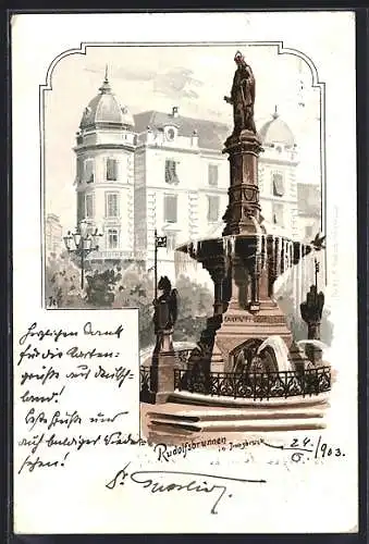 Lithographie Innsbruck, am Rudolfsbrunnen