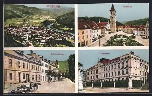 AK Judenburg, Volksschule, Hauptplatz, Bahnhofstrasse