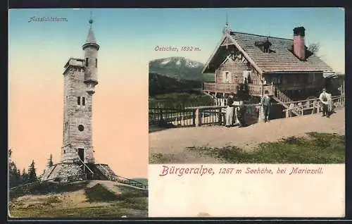 AK Mariazell, Bürgeralpe mit Aussichtsturm und Gasthof