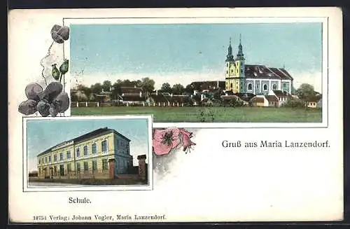 AK Maria Lanzendorf, Teilansicht mit Wallfahrtskirche, Schule