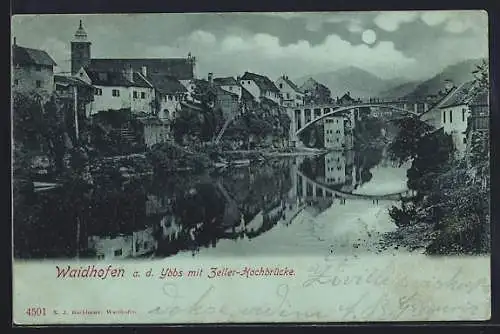 Mondschein-AK Waidhofen a. d. Ybbs, Uferpartie mit Zeller-Hochbrücke