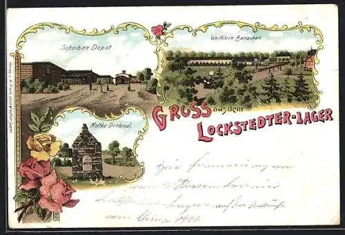 Lithographie Lockstedter-Lager, Scheiben-Deopt, Wellblech-Barracken, Moltke-Denkmal