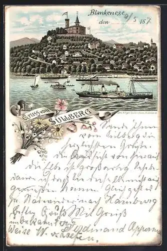 Lithographie Hamburg-Blankenese, Teilansicht mit dem Süllberg